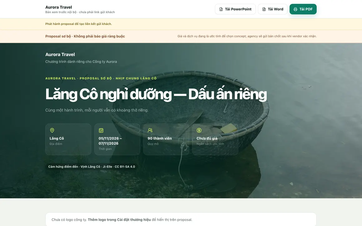 Bản xem trước proposal Lăng Cô nghỉ dưỡng gửi khách trong eTrip24 với nút tải PDF, Word và PowerPoint