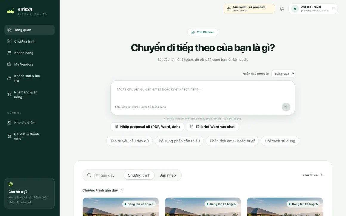 Màn hình Trip Planner của eTrip24 với ô nhập mô tả chuyến đi và danh sách chương trình gần đây