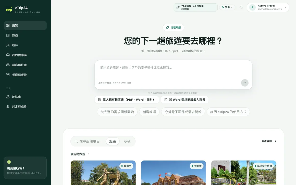 eTrip24 行程規劃畫面,含行程描述輸入框與近期行程
